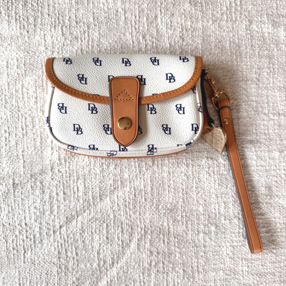 Dooney & Bourke Monogram Wristlet White Canvas Tan Leather Preppy Y2K
